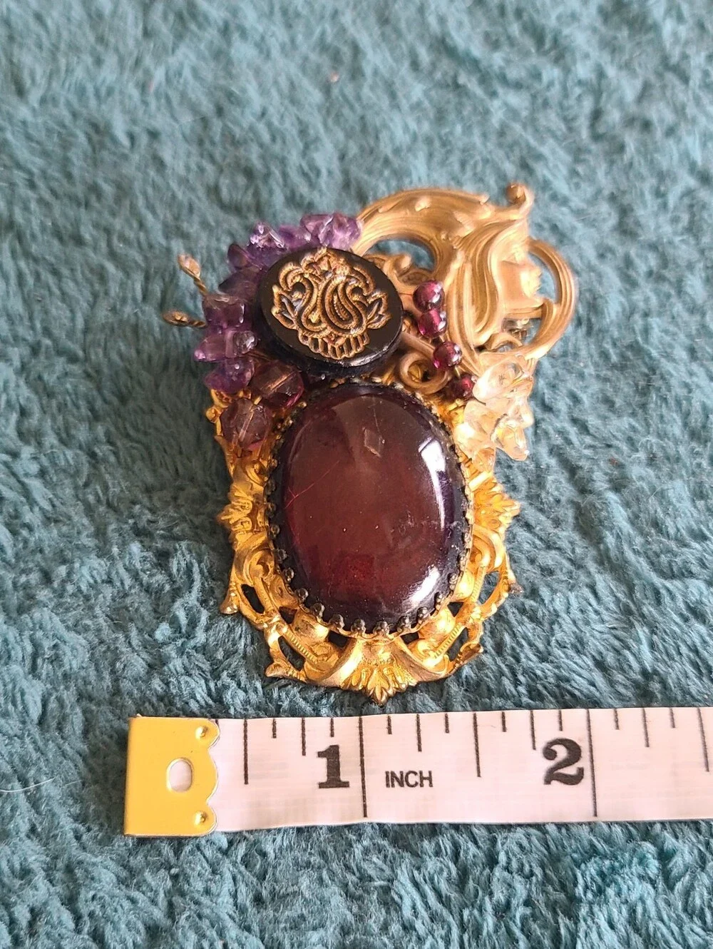 Hand Crafted Gold-Tone Brooch with Deep Purple Cabochon and Amethyst Chips